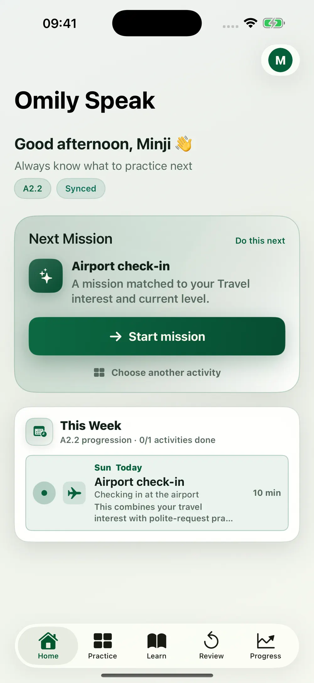 Omily Speak home screen showing an airport check-in practice mission