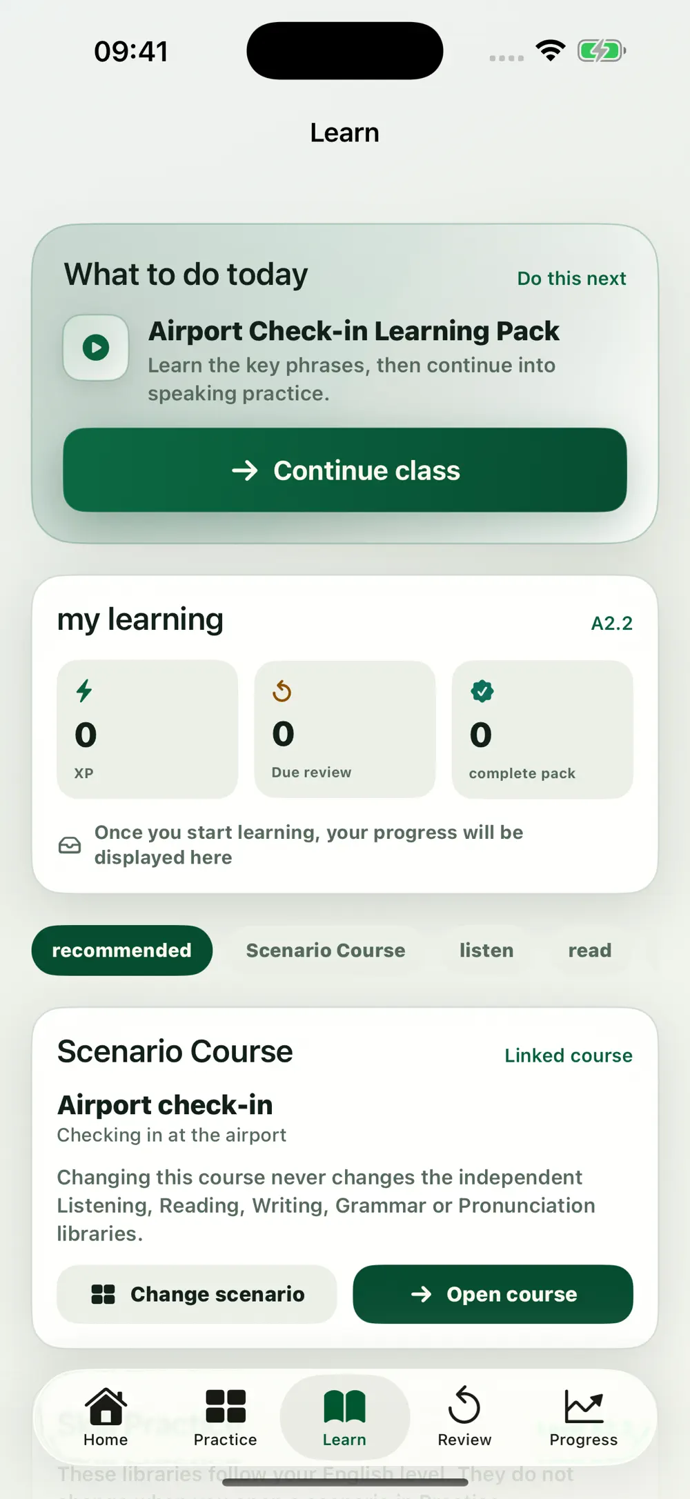 The released Omily Speak learning interface with linked scenario lessons